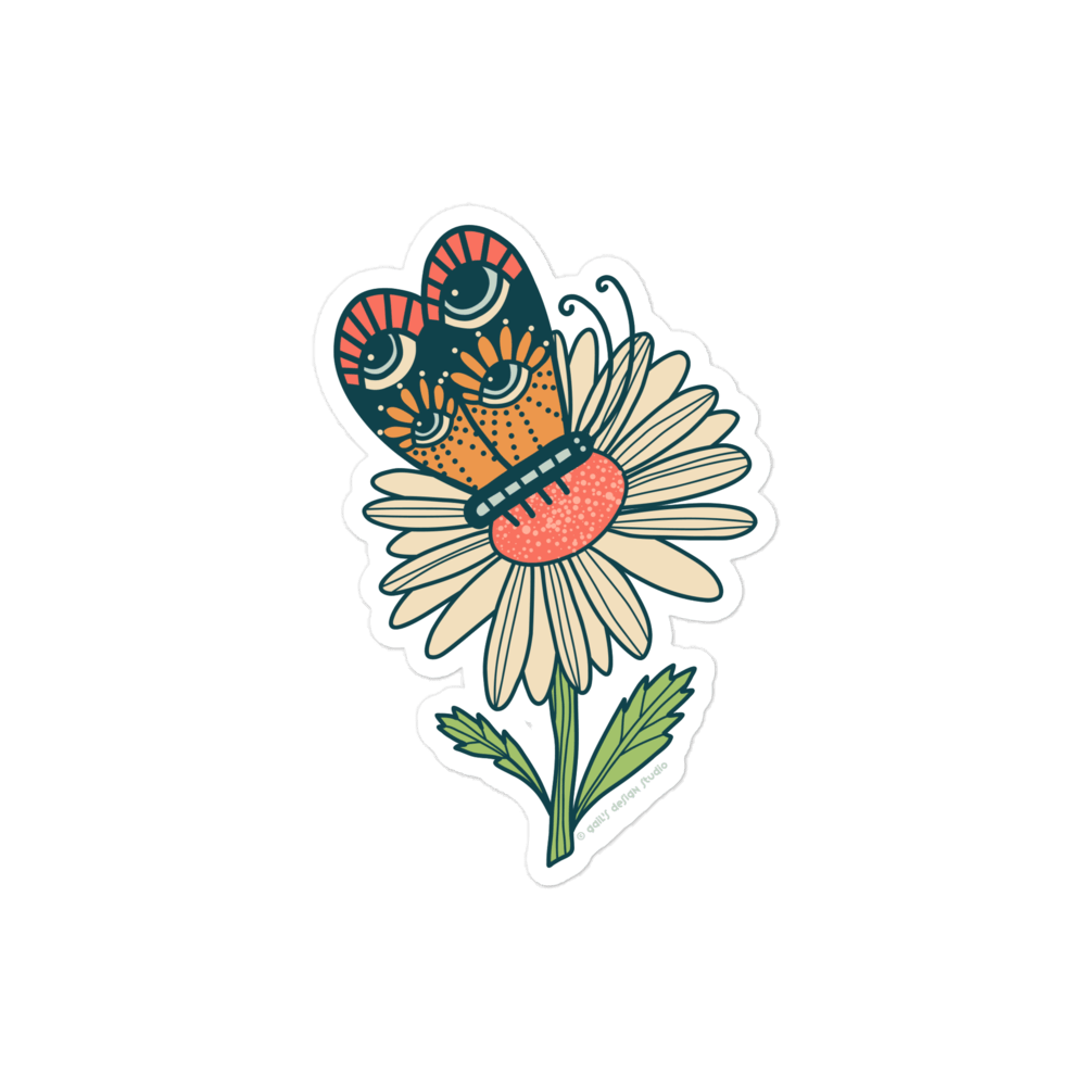 Kiss Cut Sticker: Butterfly Shares Secrets of the Forest with Daisy in Exchange for Pollen - Gail's Design Studio