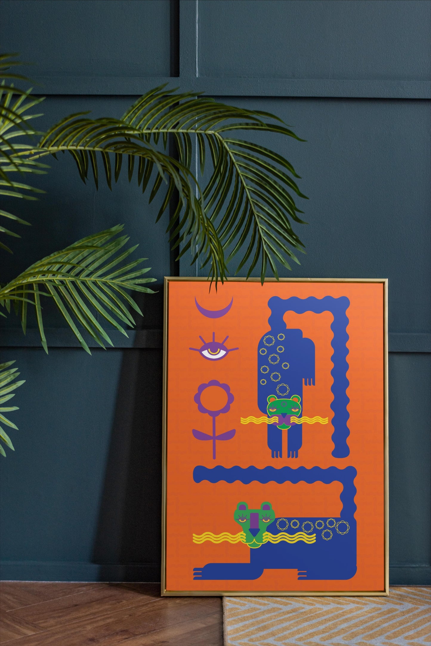 magical-snowcats-fine-art-print-brights-mystical-animal-wall-art-gail-evenden-framed-leaning-against-a-dark-blue-interior-wall