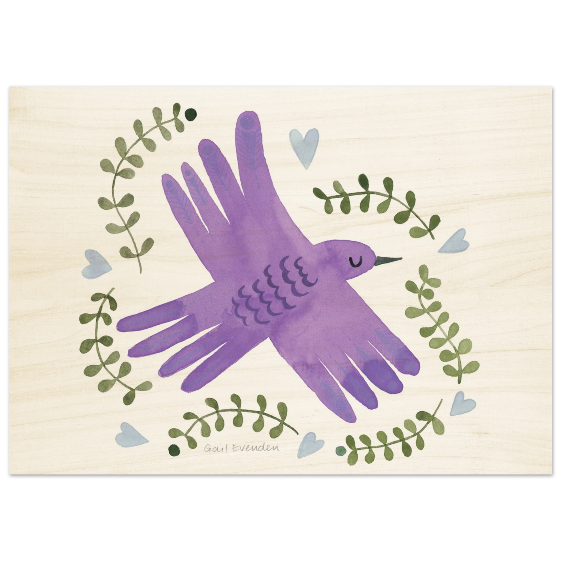 Peace on Earth whimsical watercolour art print on wood panel by Gail Evenden